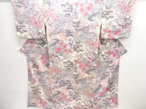縮緬地　荒波に花鳥模様小紋着物